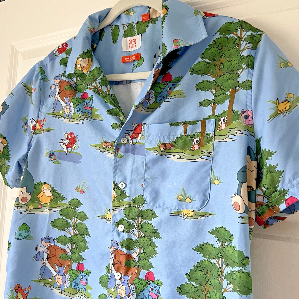 OppoSuits Pokémon Men's Short Sleeve Shirt Small Blue Forest Print Button Up - Picture 11 of 16